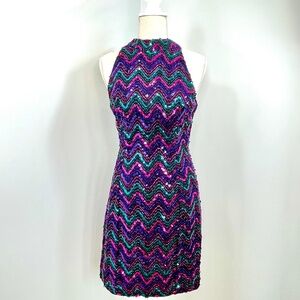 Vintage Multi Color Sequin Beaded Halter Dress with Open back